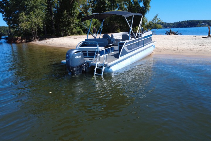 Pontoon boat docked on a sandy beach with trees in the background.